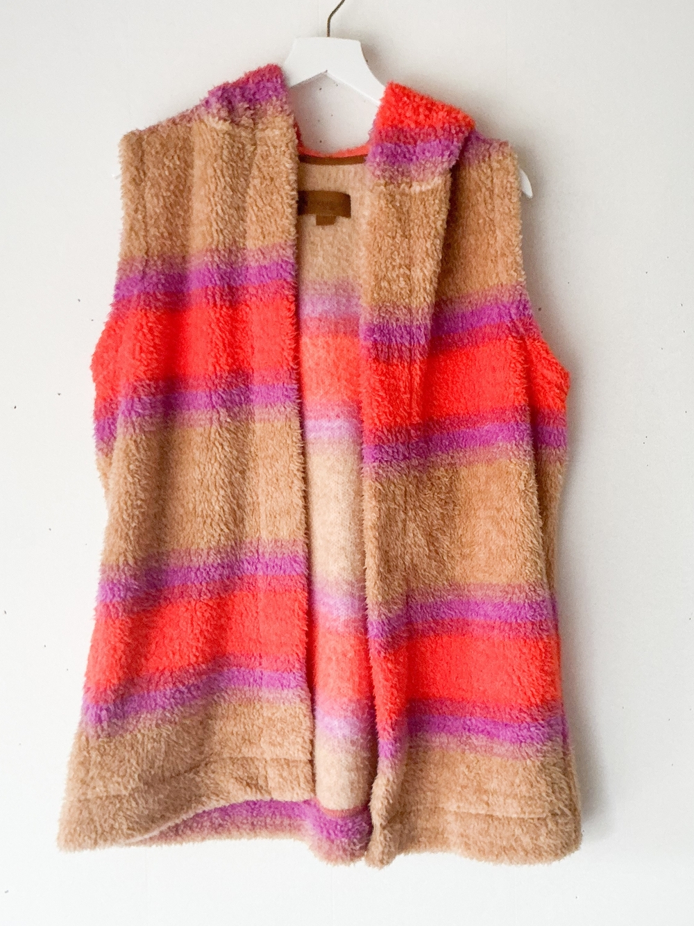 Koolaburra by UGG Fuzzy Striped Hooded Vest Tan Pink Purple Size M
